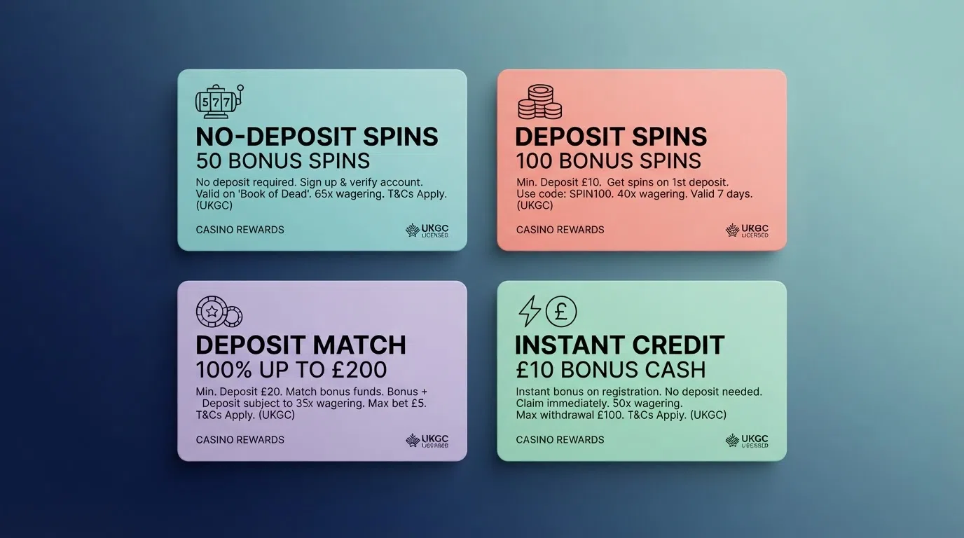 Four bonus-type cards showing no-deposit spins, deposit-triggered spins, deposit match, and instant credit, each with its key condition