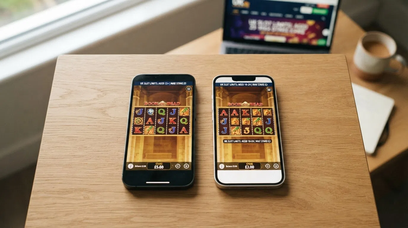 An illustration of the UK's age-banded online slot stake limits showing the £5 cap for players aged 25 and over alongside the £2 cap for 18-to-24-year-olds