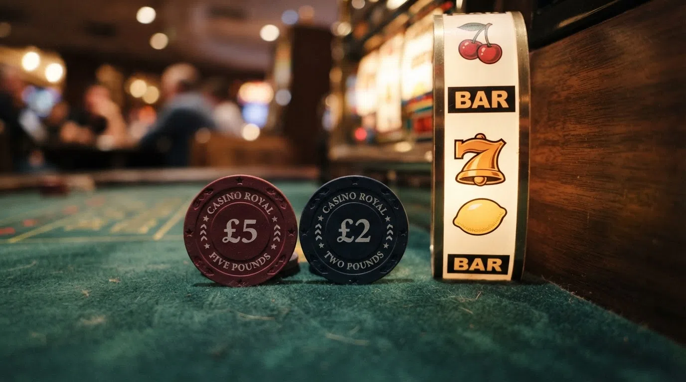 A graphic of two coins labelled £5 and £2 beside an online slot reel.