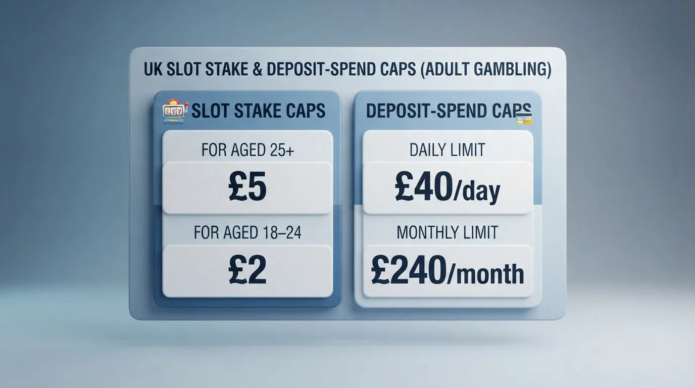 A simple graphic listing UK slot stake and deposit-spend caps