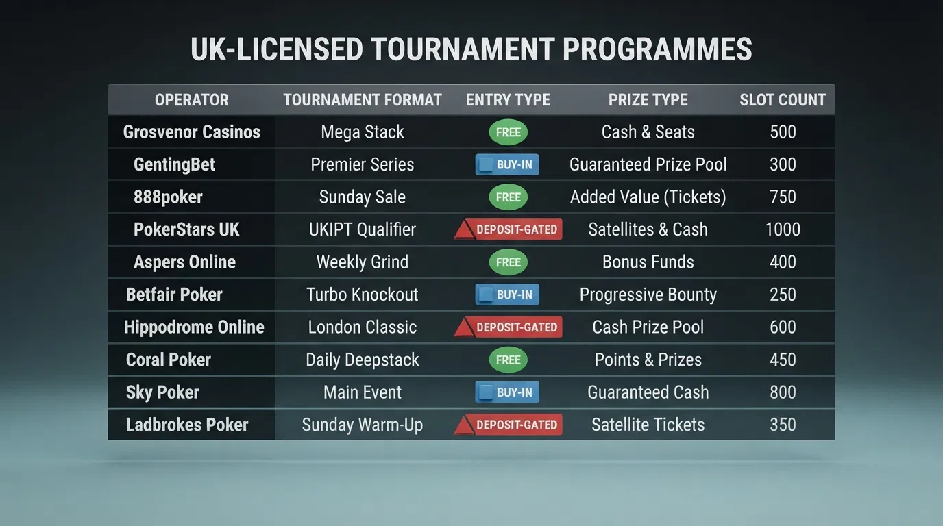 A grid of ten UK casino logos arranged above a comparison table, each logo paired with its tournament format name and a coloured badge marking entry type