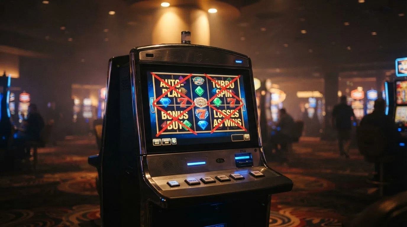 An illustration of the four features banned by the UKGC in 2021 — auto-play, turbo spin, bonus buy and losses disguised as wins — each crossed out beside a slot machine
