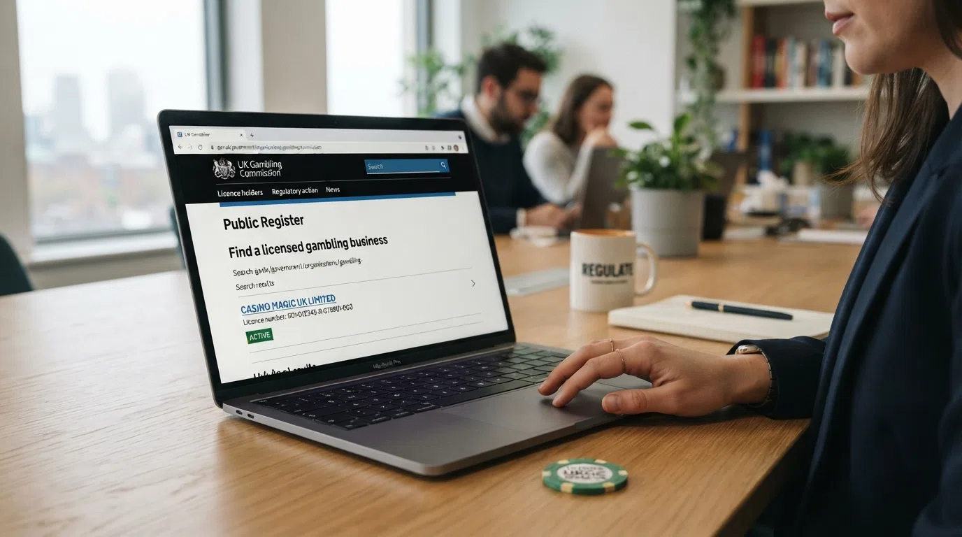 The UK Gambling Commission logo and official website interface showing the public register search tool and licence verification status for a UK casino operator
