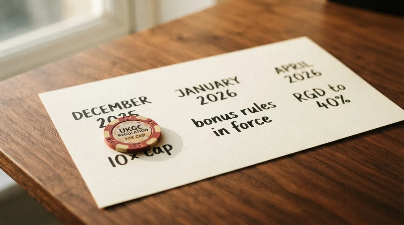 A simplified timeline graphic showing the key regulatory dates that reshaped UK bonus offers — December 2025 (10× cap), January 2026 (bonus rules in force), April 2026 (RGD to 40%)