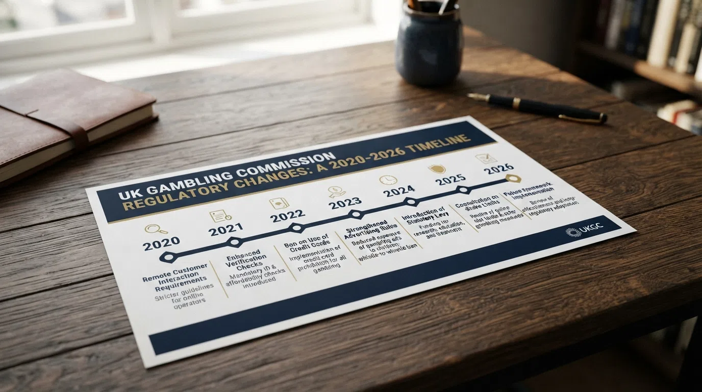 A timeline infographic showing key Gambling Commission regulatory changes affecting casino welcome bonuses from the 2020 credit card ban through to the 2026 wagering cap