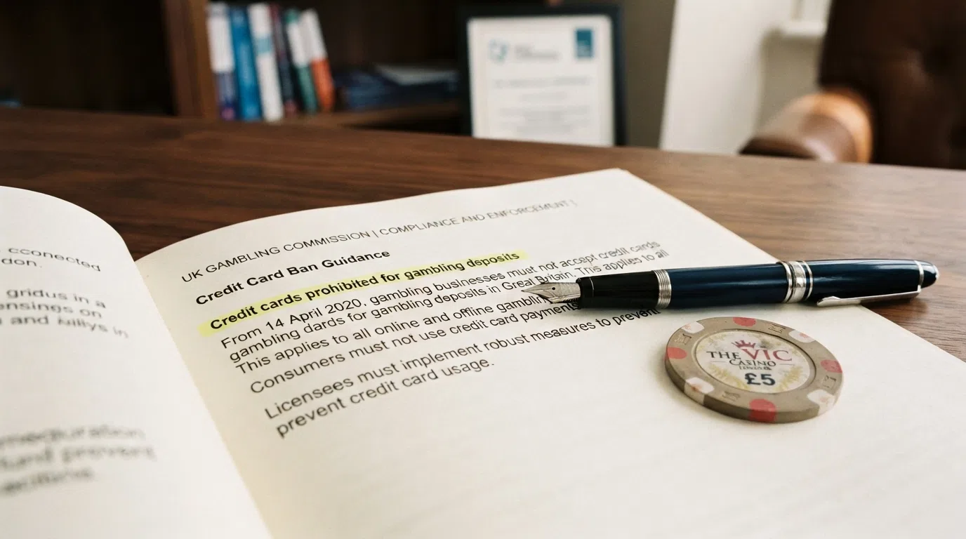 A close-up of UK gambling rules text with the credit-card ban clause highlighted