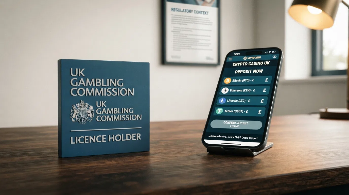 A split-composition image contrasting a UKGC licence badge on one side with cryptocurrency wallet and casino interface elements on the other