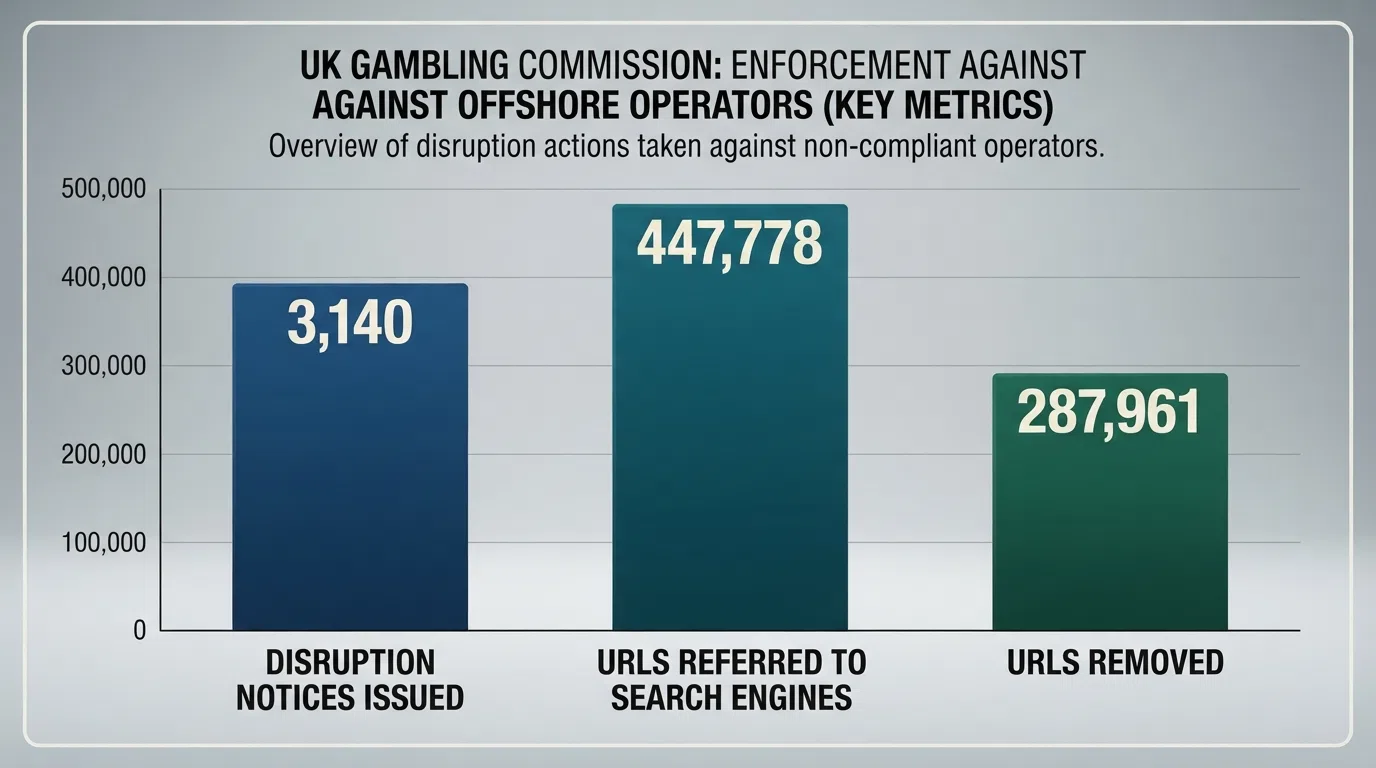 An illustrated bar chart showing the UKGC's key enforcement metrics — 3,140 disruption notices, 447,778 URLs referred to search engines, 287,961 URLs removed