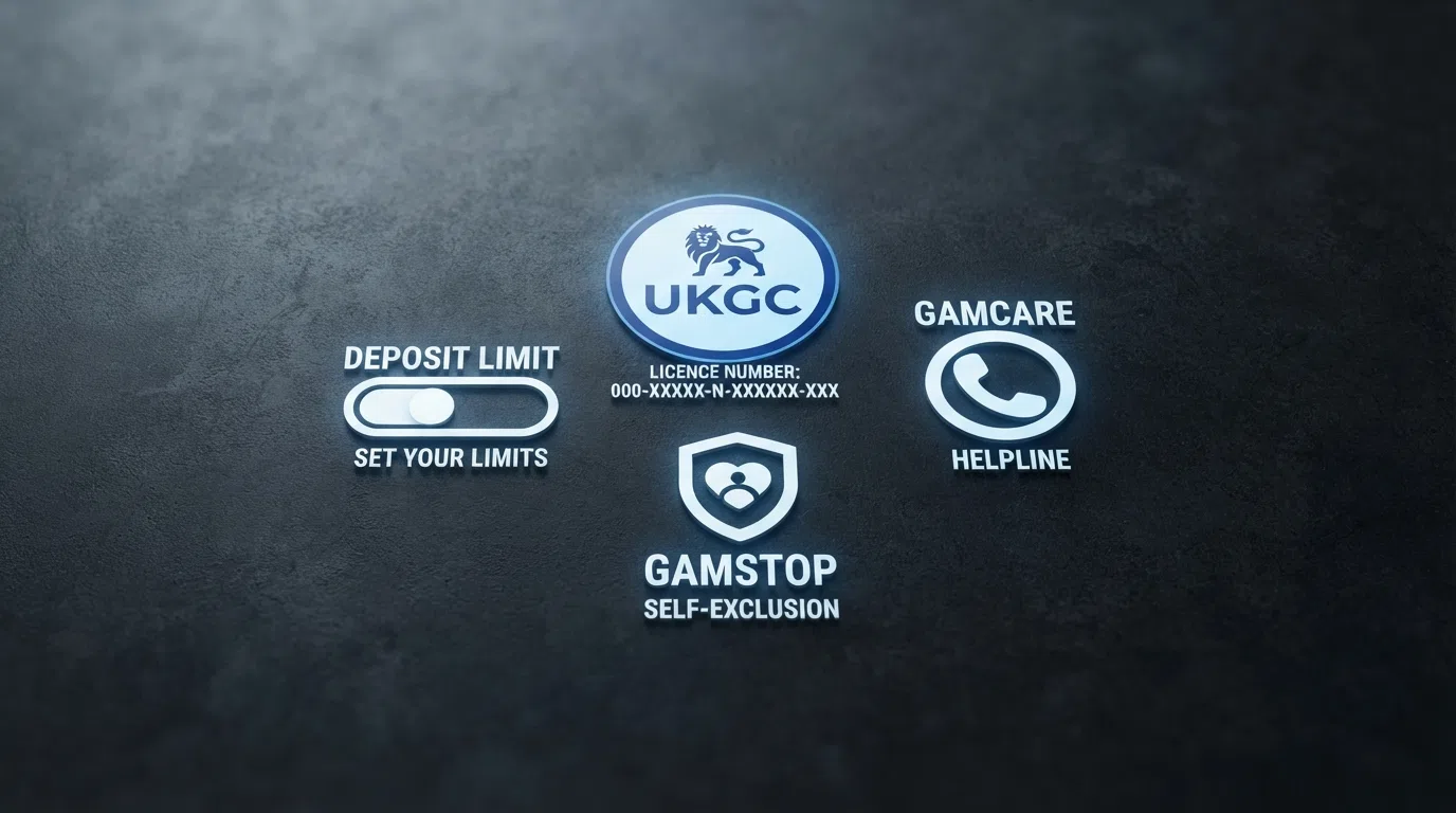 A stylised arrangement of UK player-protection symbols — the UKGC licence mark, a deposit-limit slider icon, a GAMSTOP shield, and a GamCare helpline phone icon — on a dark background