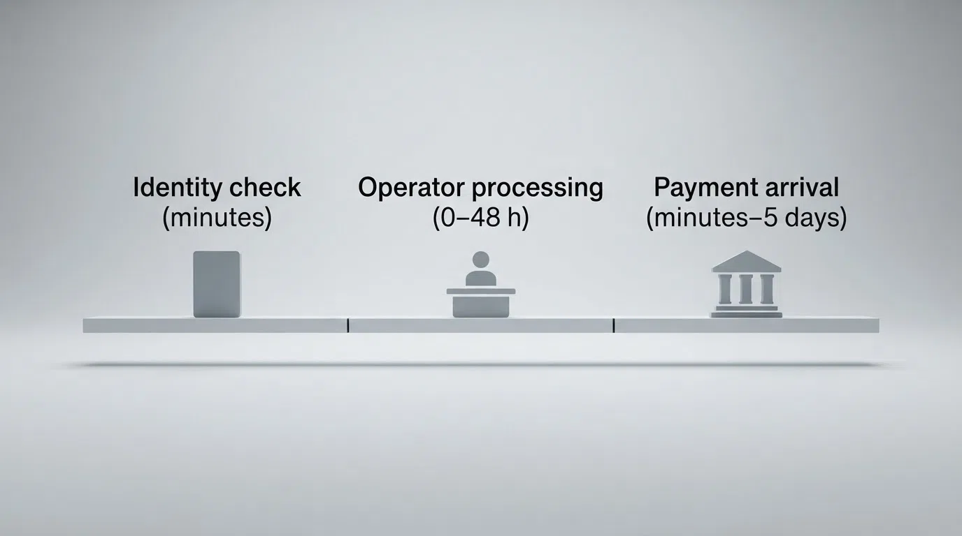 A simplified timeline diagram showing the three stages of a UK casino withdrawal — KYC verification, operator pending period and payment-method transit — with typical time ranges for each stage