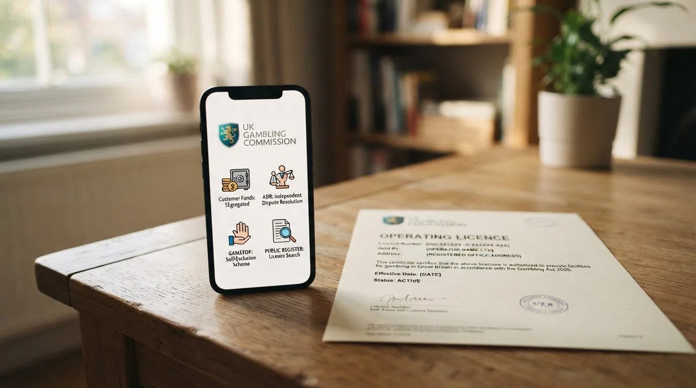 The UK Gambling Commission logo beside icons representing the key player protections: segregated funds, ADR, GAMSTOP, and the public register search