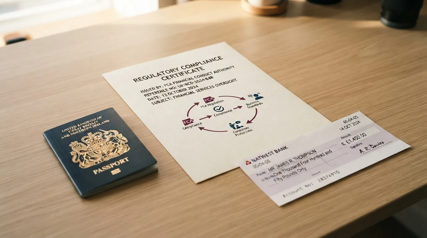 A UK Gambling Commission operating-licence certificate alongside a British passport and a bank cheque, on a clean surface.