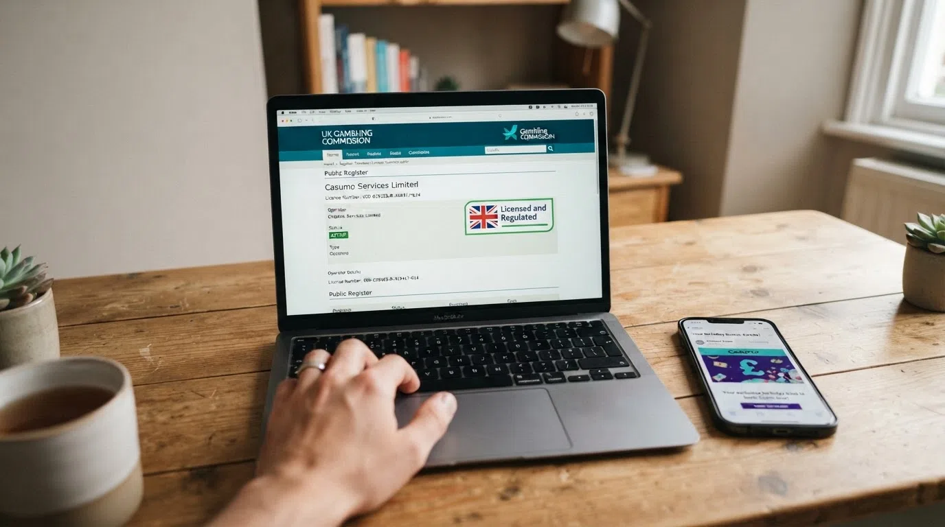 A close-up of a Gambling Commission licence-entry card on a desktop screen beside a birthday-promotion email, with a green “Licensed and regulated” badge visible