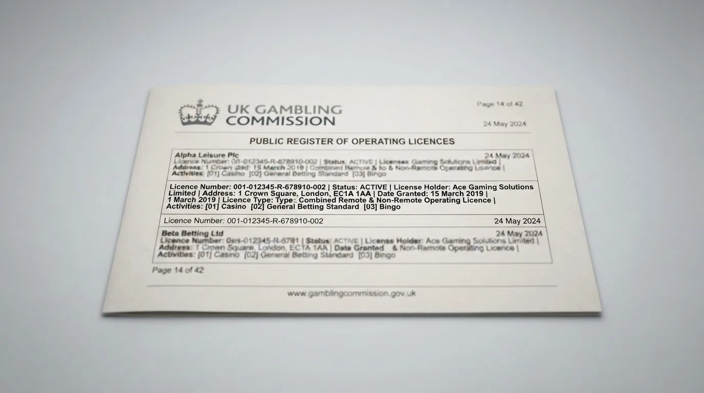 A close-up of a regulatory register page headed UK Gambling Commission