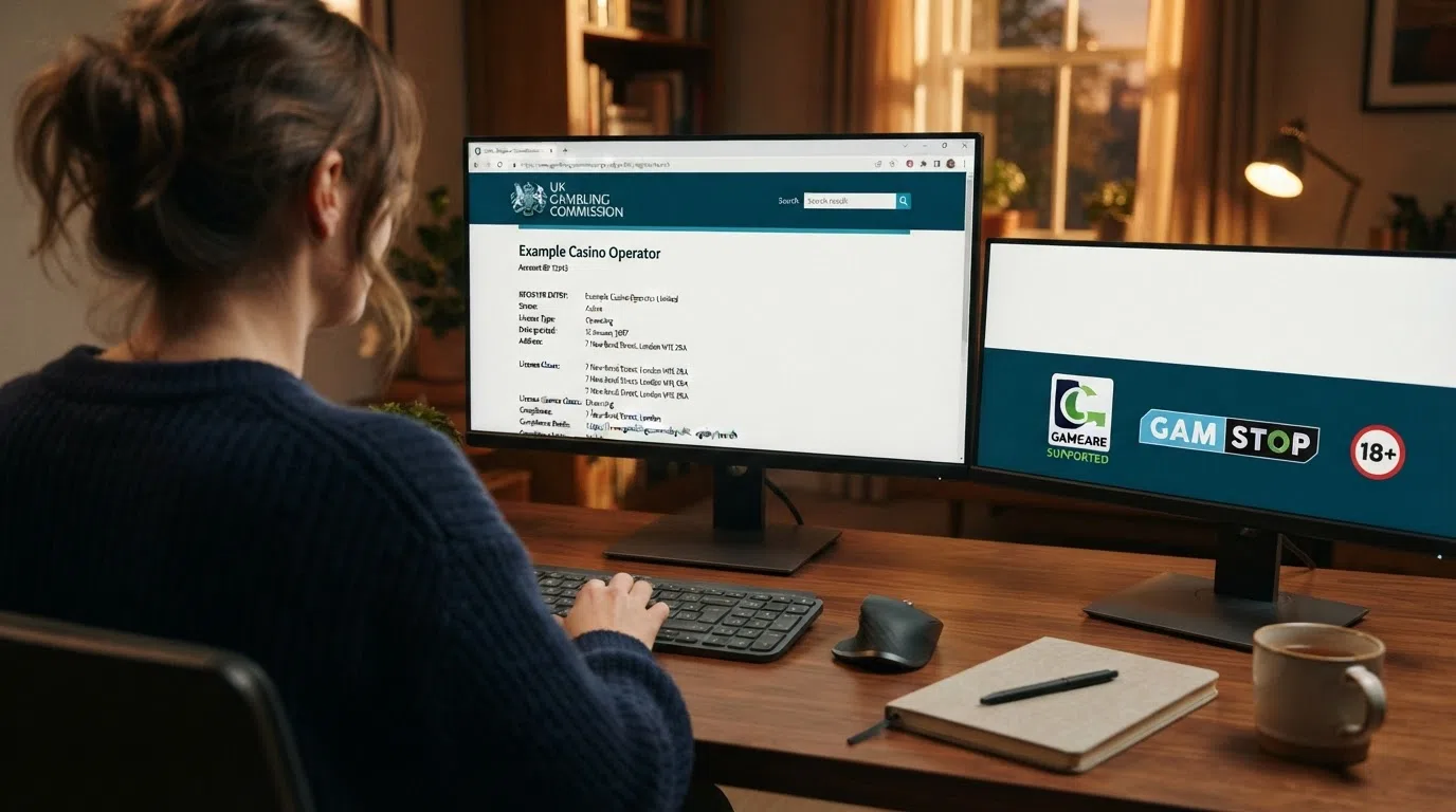 A desktop browser showing the UK Gambling Commission public register search page with a casino licence result displayed, alongside a responsible-gambling footer with GamCare and GAMSTOP logos