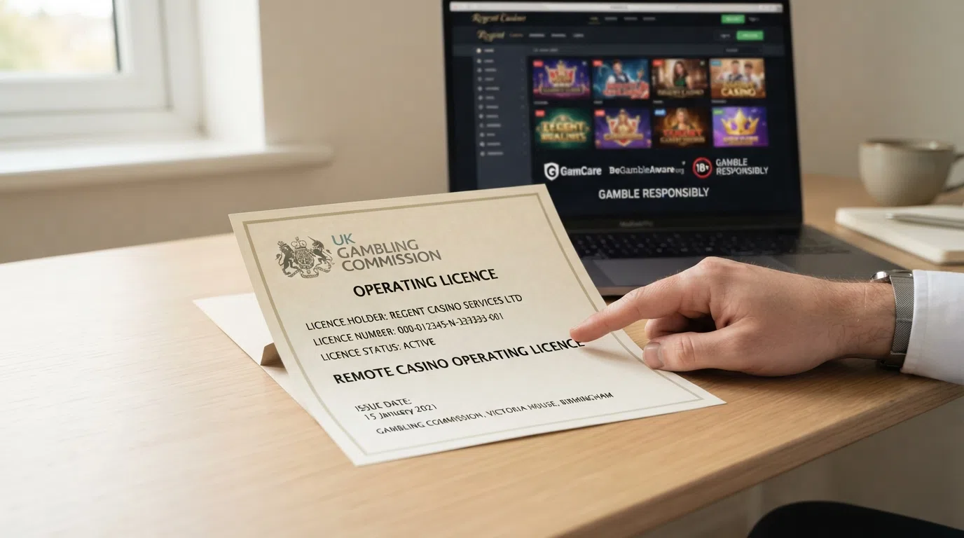 A UK Gambling Commission licence certificate displayed beside a casino lobby screen showing the GamStop logo and responsible-gambling tool icons