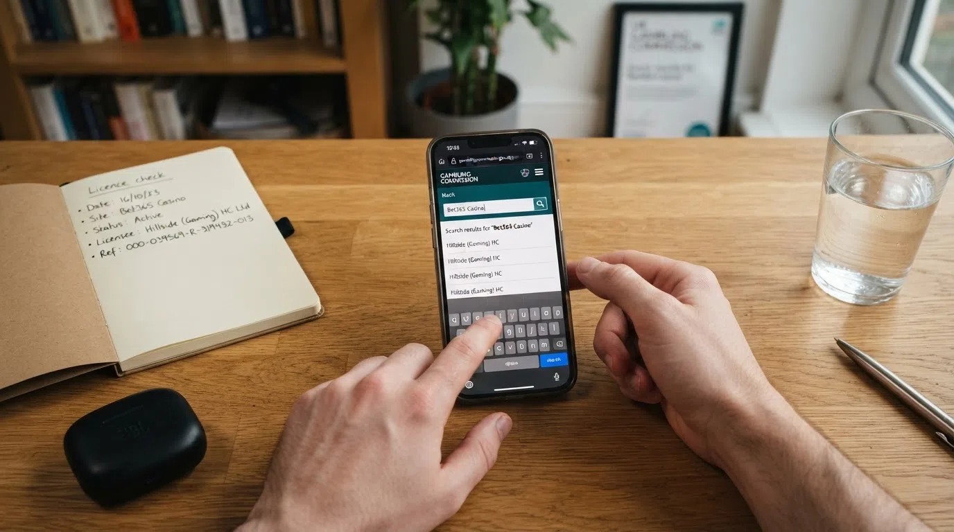 A smartphone showing the Gambling Commission public register search page