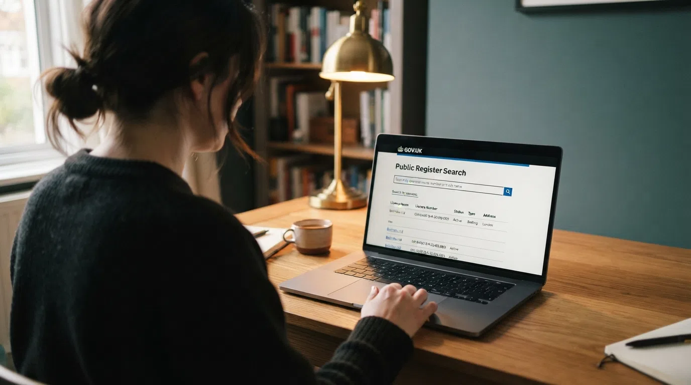 A laptop screen showing the UK Gambling Commission public register search page
