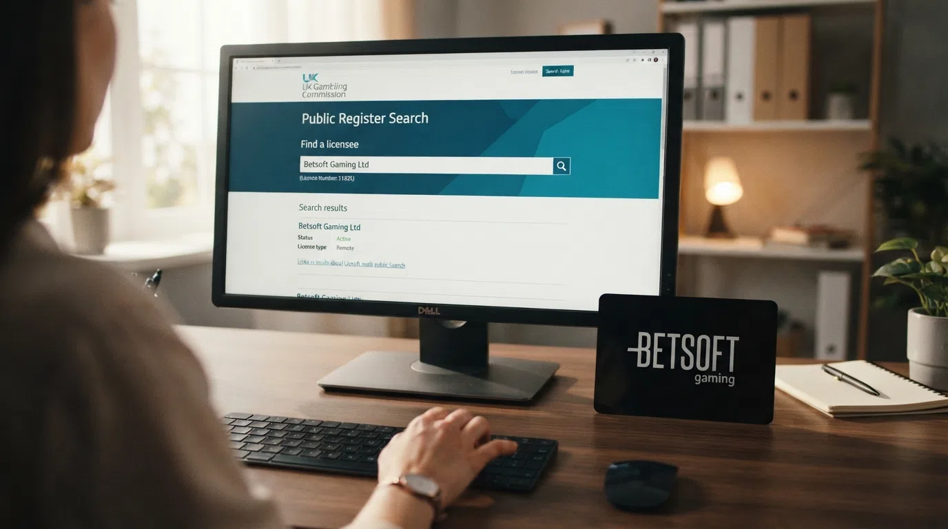 A desktop browser showing the UK Gambling Commission public register search page with a Betsoft casino logo beside it