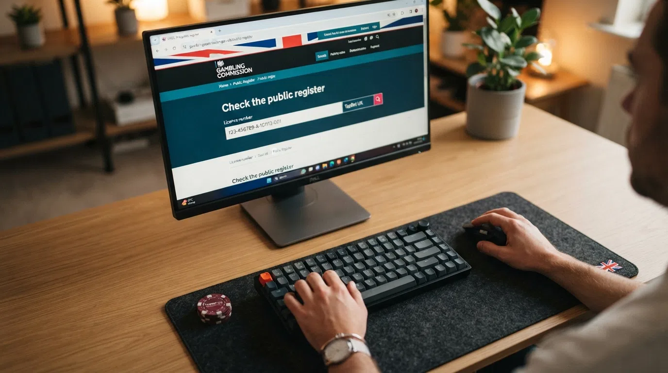 A close-up of the Gambling Commission public register search bar with a casino account number entered, framed by a UK-flag colour accent