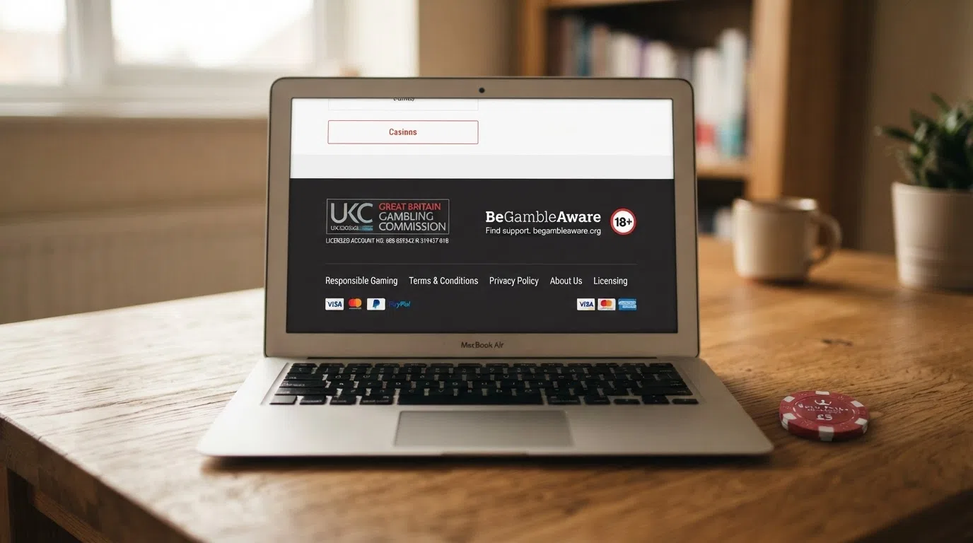 Footer of a UK online casino website showing the UK Gambling Commission licence number alongside GamCare and BeGambleAware logos