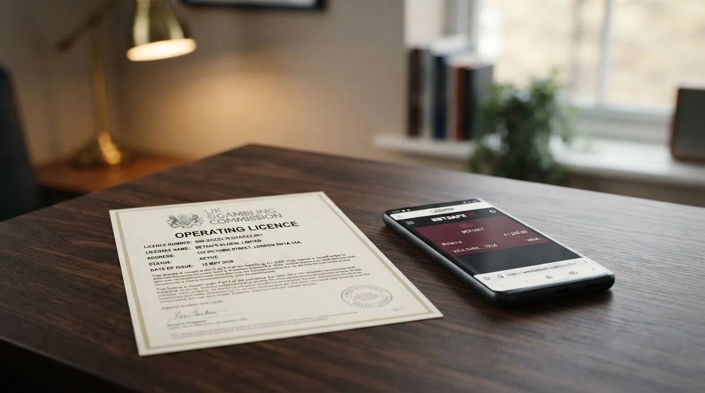 A UK Gambling Commission licence certificate beside a smartphone displaying a casino cashier with the PayPal option and a padlock icon in the address bar