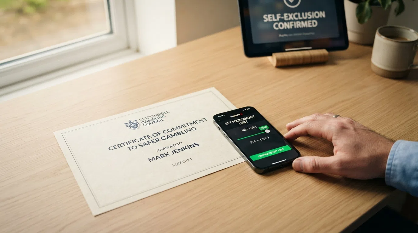 A UK Gambling Commission licence certificate beside a smartphone showing a deposit-limit-setting screen and a GAMSTOP registration confirmation