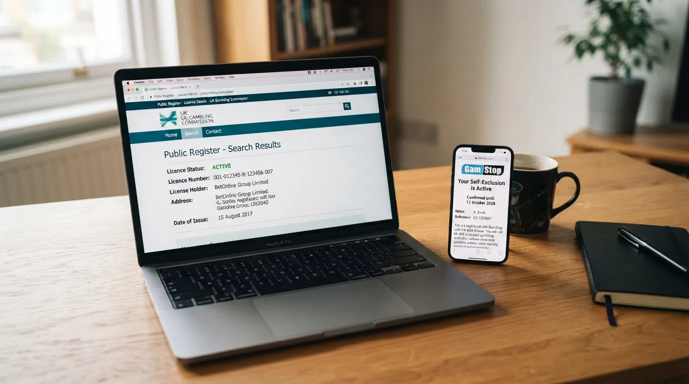 A laptop displaying the UK Gambling Commission public register search page with a licence result visible, and a GamStop self-exclusion confirmation screen on a phone beside it