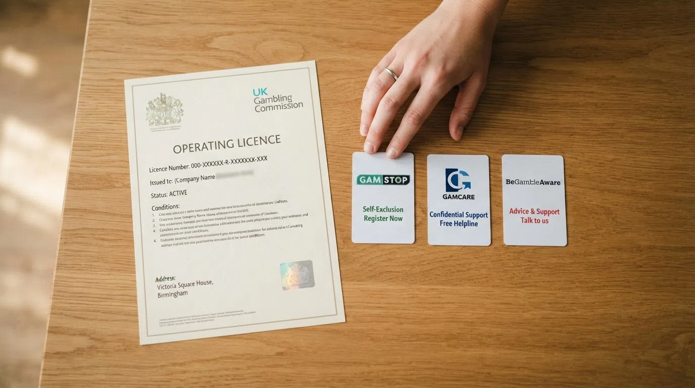 A stylised depiction of a UK Gambling Commission licence certificate alongside the GamStop, GamCare and BeGambleAware logos arranged in a row