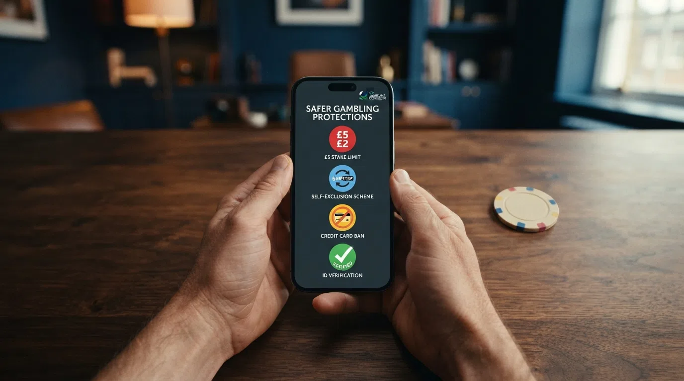 A simplified visual summary of the key UKGC player protections — the stake-limit badge (£5 over-25, £2 under-25), the GAMSTOP logo, the credit-card ban symbol and the identity-verification tick mark