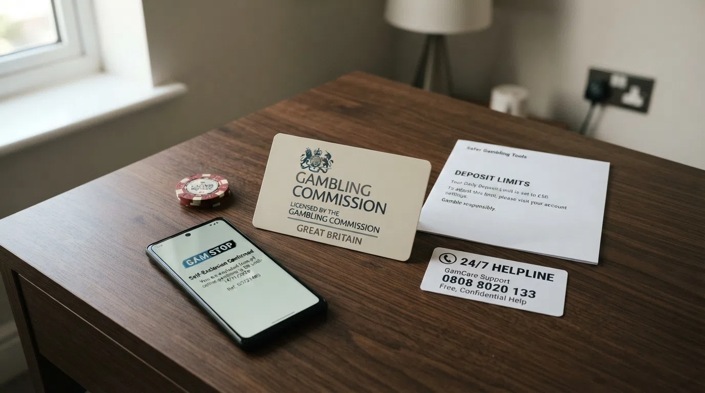A stylised UK Gambling Commission licence badge alongside icons representing the key player protections: identity verification, GAMSTOP self-exclusion, fund segregation, and a 24/7 helpline phone icon