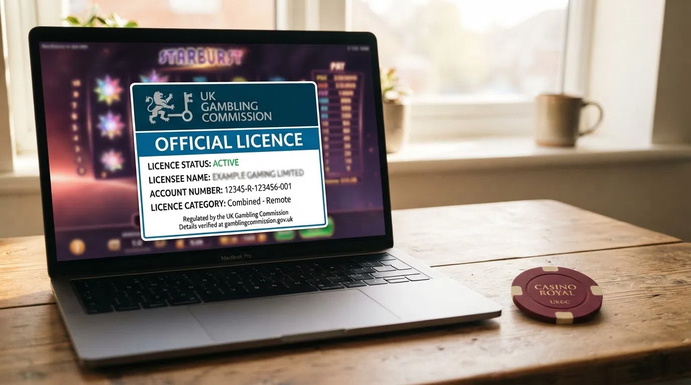 A close-up of a document or screen bearing an official regulatory seal or licence badge, with a slot interface ghosted in the background
