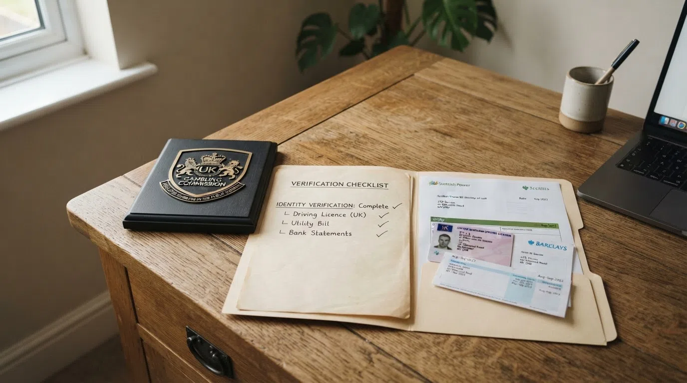 A UK Gambling Commission logo beside a document checklist with items for identity verification, source-of-funds checks, and responsible-gambling tools
