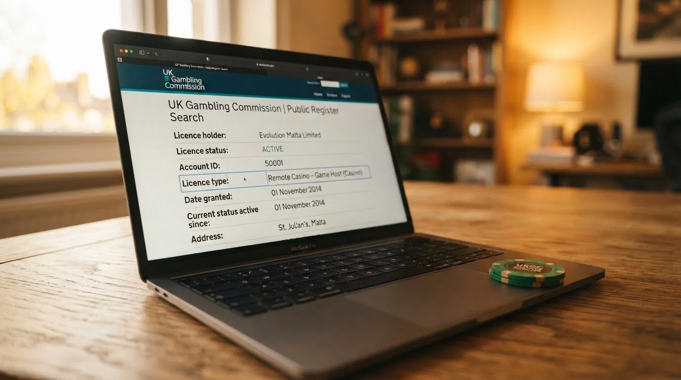 A close crop of the Gambling Commission public register search page showing the licence-holder search field and a sample entry, with the UKGC logo visible.