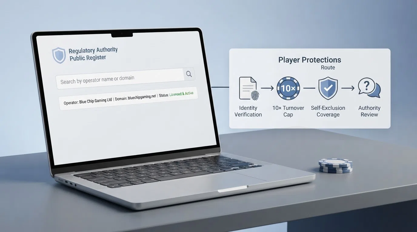 The UKGC public register search interface beside a diagram of the player protections a UKGC licence guarantees — identity verification, 10× wagering cap, GAMSTOP coverage and the complaints route