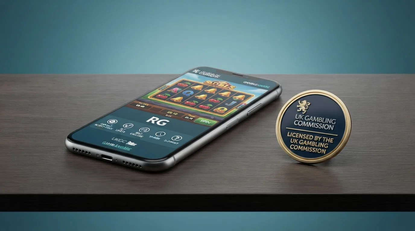 A UK Gambling Commission logo or licensing badge positioned beside a mobile slot screen showing the stake-cap indicator and a responsible-gambling tool panel