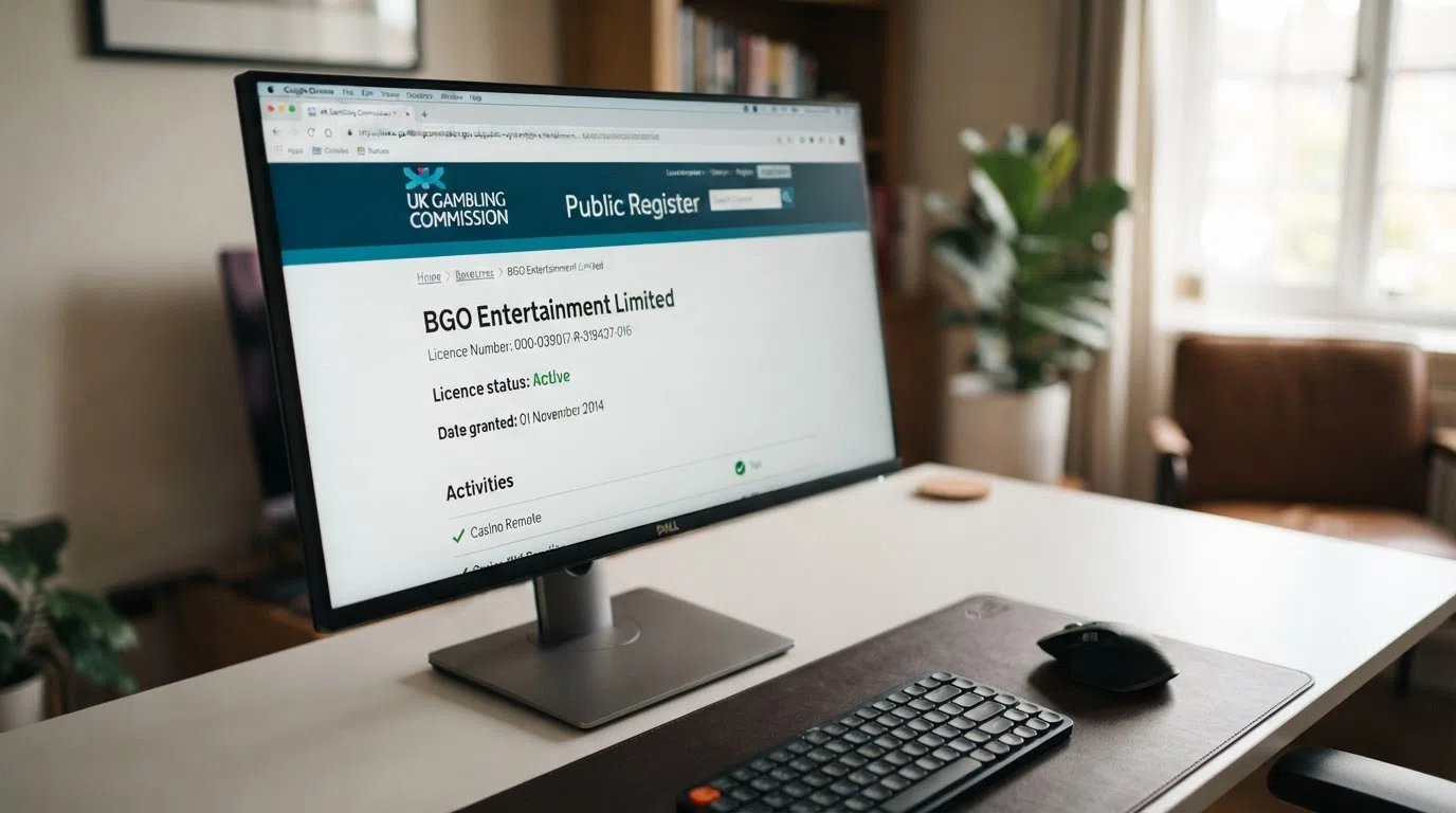 A browser window open to the UK Gambling Commission public register, showing a casino operator entry with licence status marked “Active” and the Casino Remote category highlighted.