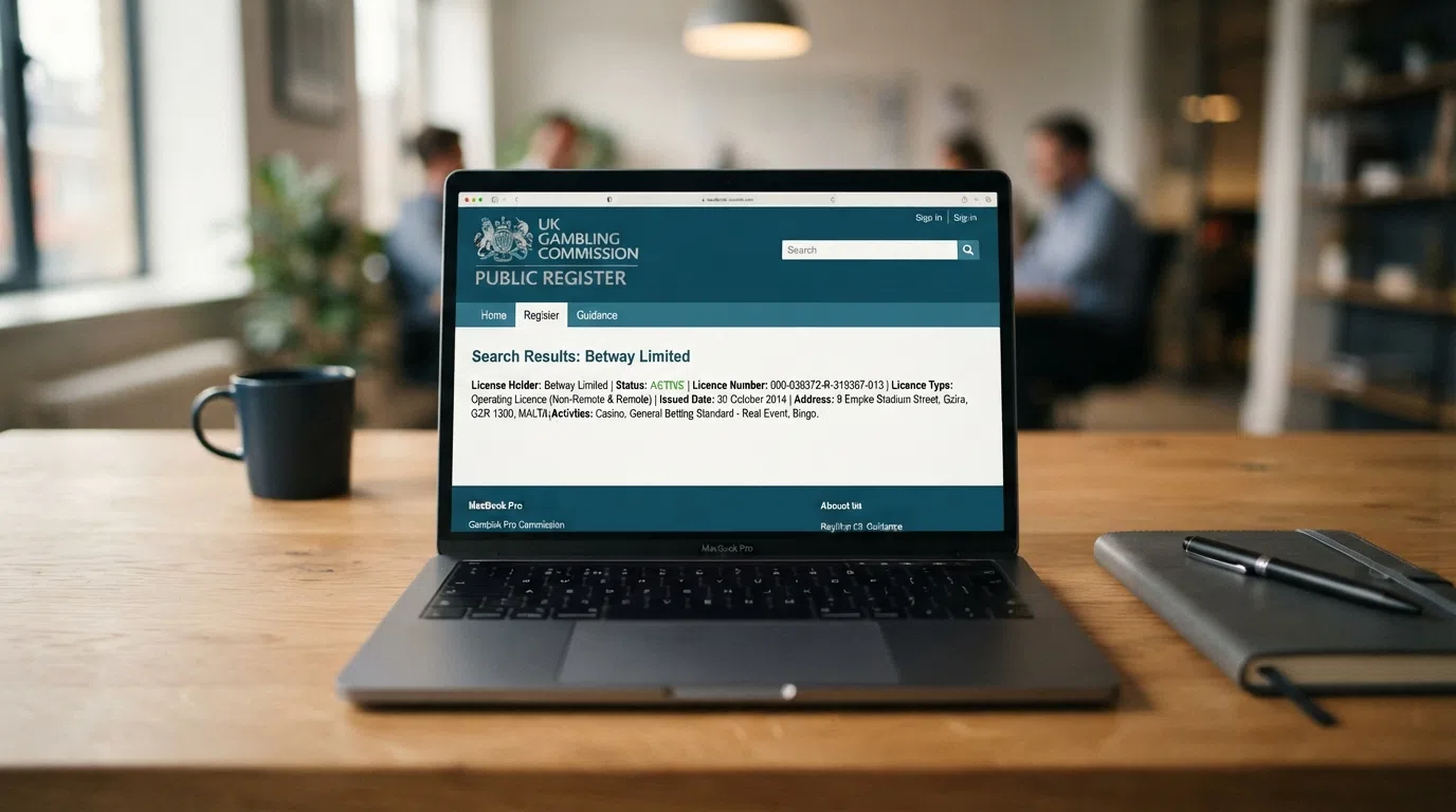 The UK Gambling Commission logo and a search-result entry on the public register showing an active operating licence for a UK online casino