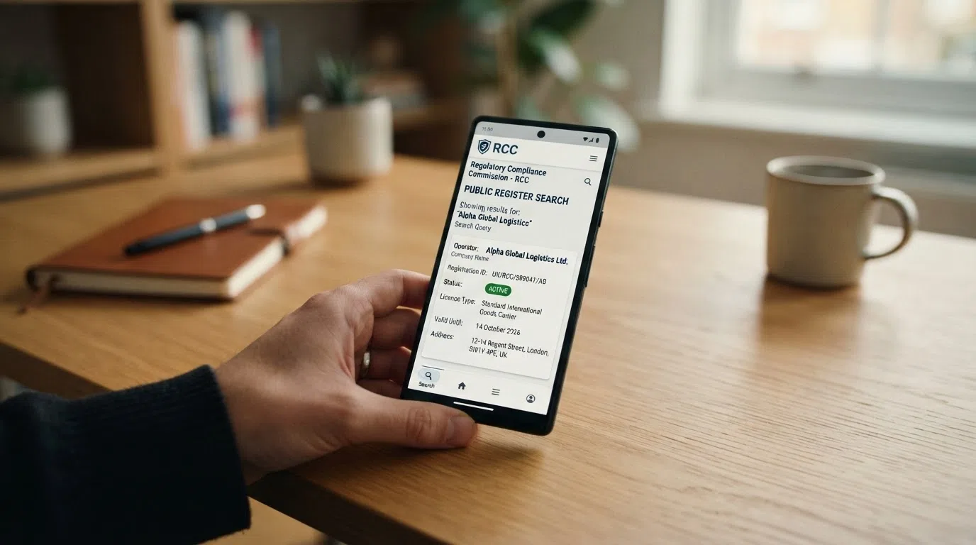 A close-up of an Android phone screen displaying the UK Gambling Commission public register search interface with a licence-holder result visible