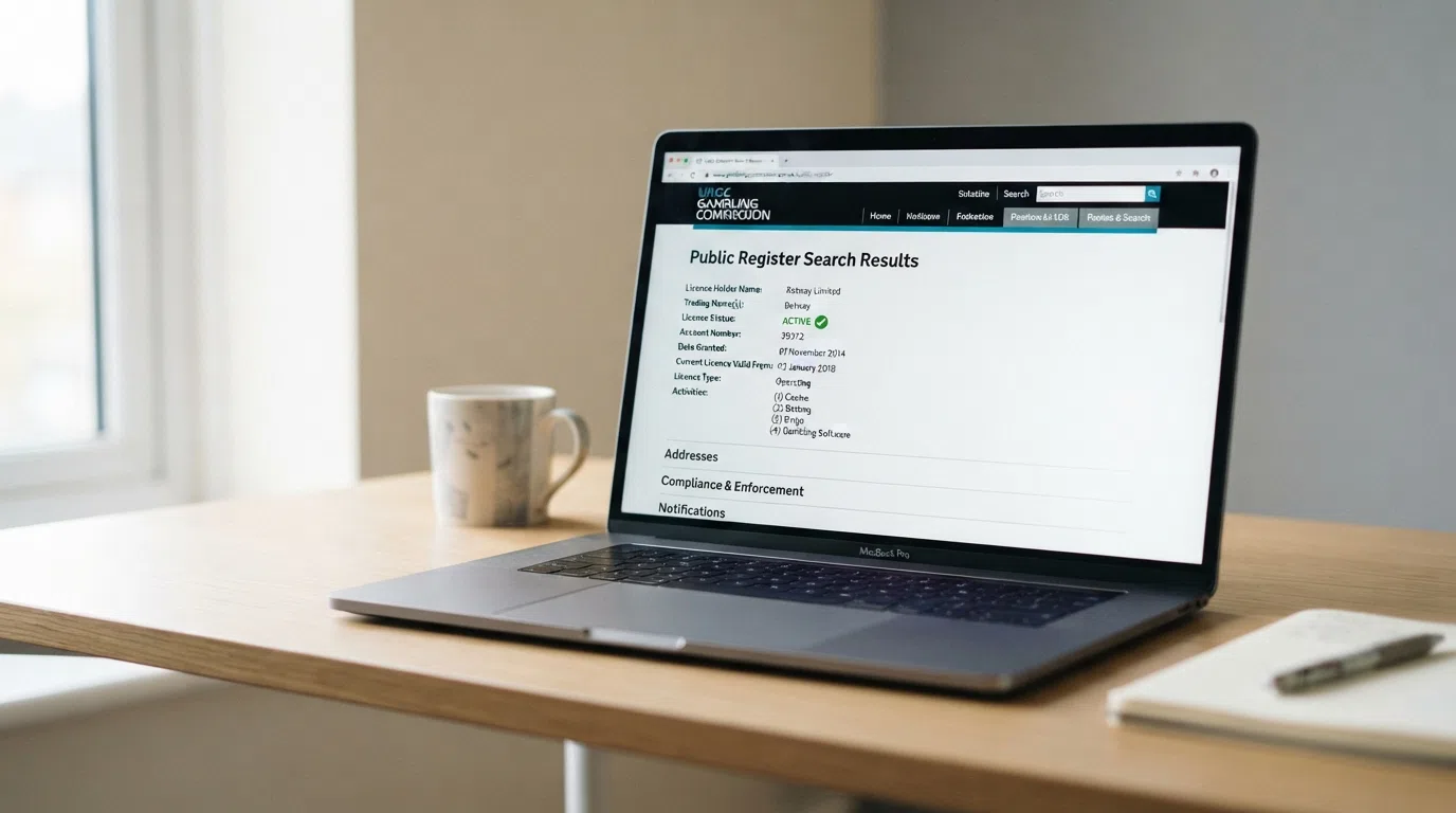 A UK Gambling Commission public-register search result showing an operator's licence status, licence number and activity type