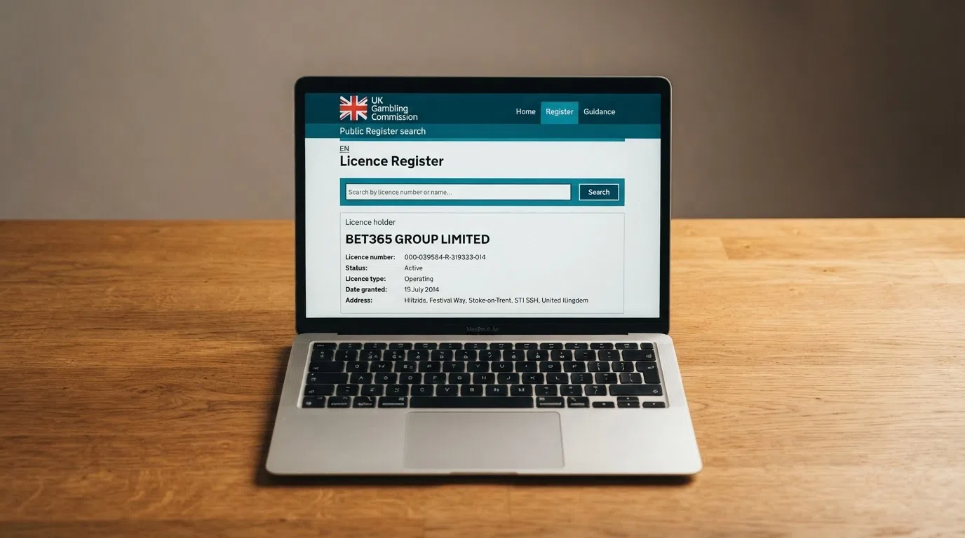 A screenshot of the Gambling Commission's public register search interface showing a licence-holder result, with the UKGC logo visible