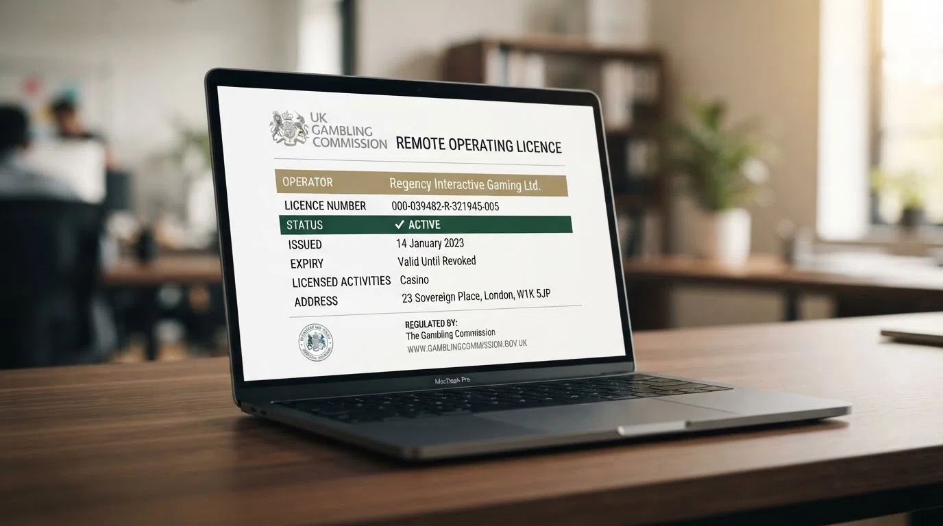 A stylised representation of the UK Gambling Commission public register showing a casino remote operating licence entry with its licence number and status