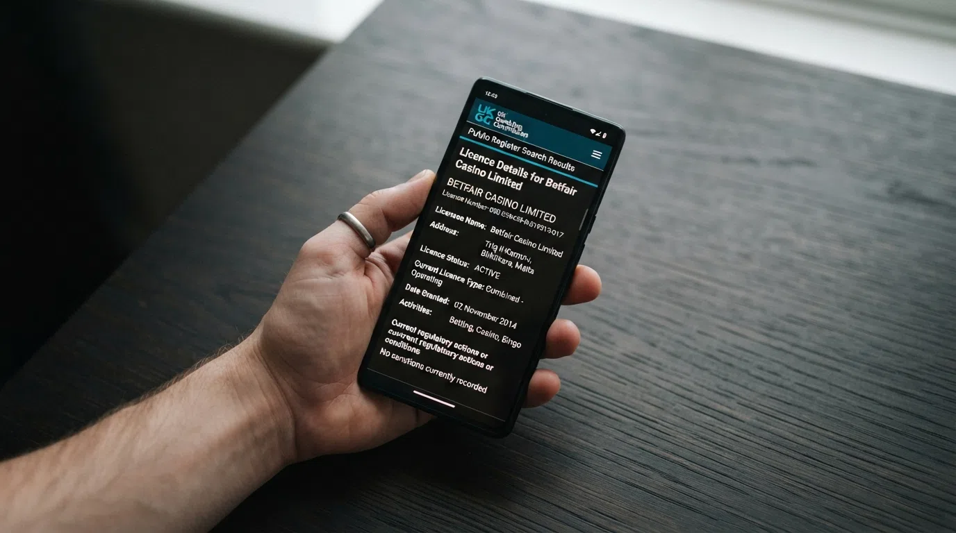 A smartphone search result showing a licence-holder entry in the Gambling Commission public register