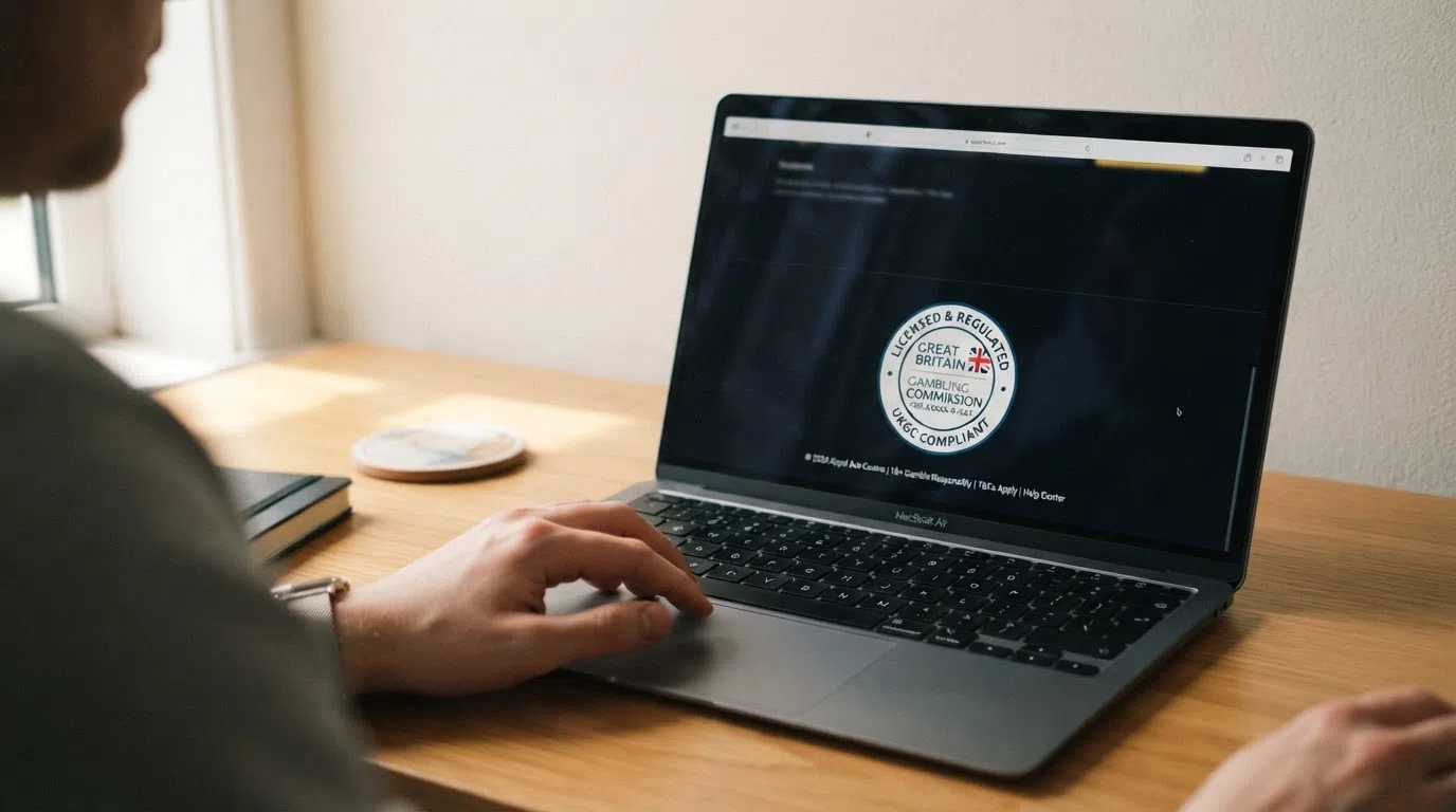 A UK Gambling Commission licence badge displayed in a regulated casino website footer, with a readable licence number and the Commission's logo beside it