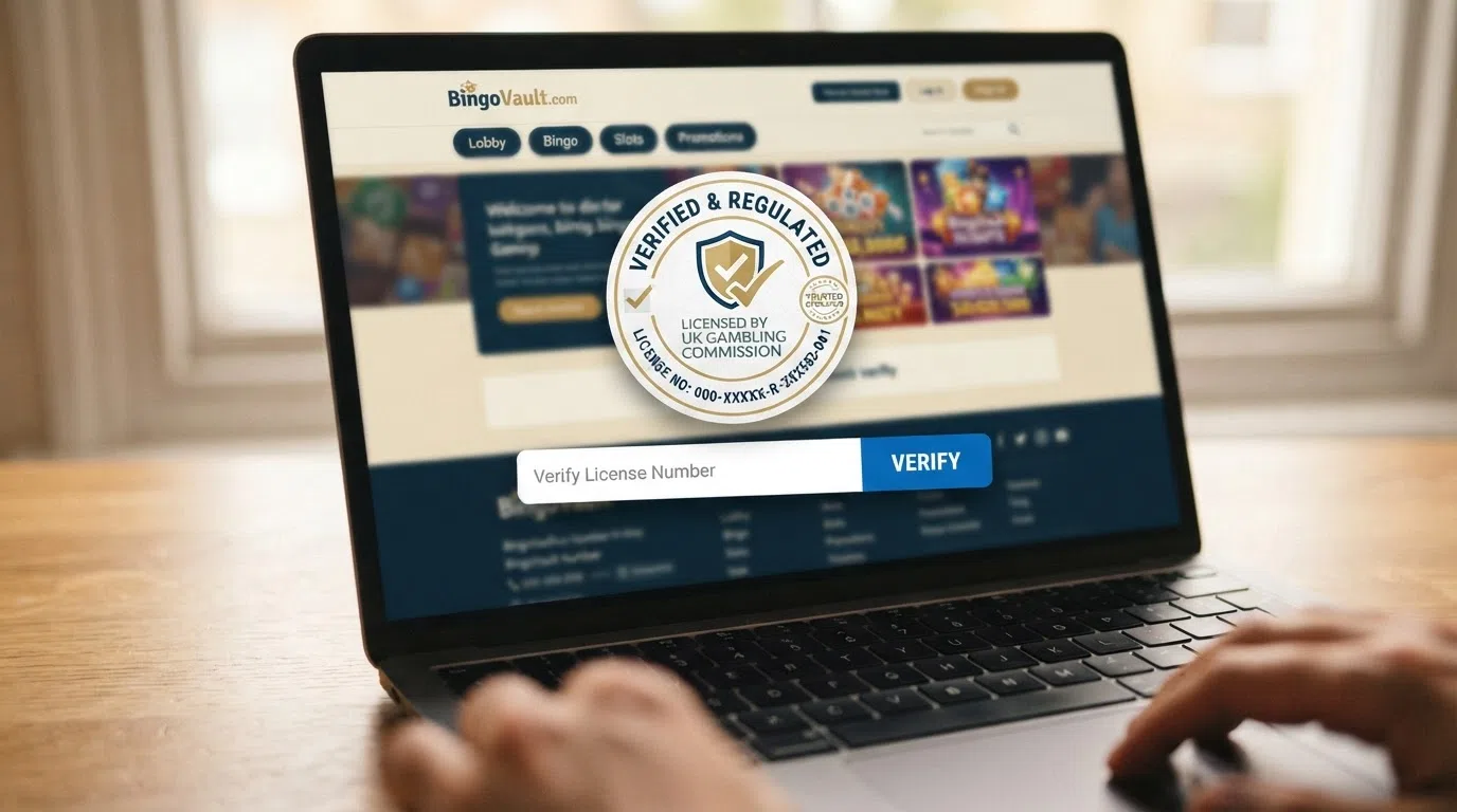 A close-up of a UK Gambling Commission licence badge on a bingo casino website footer, with the licence number visible and a search bar from the public register overlaid