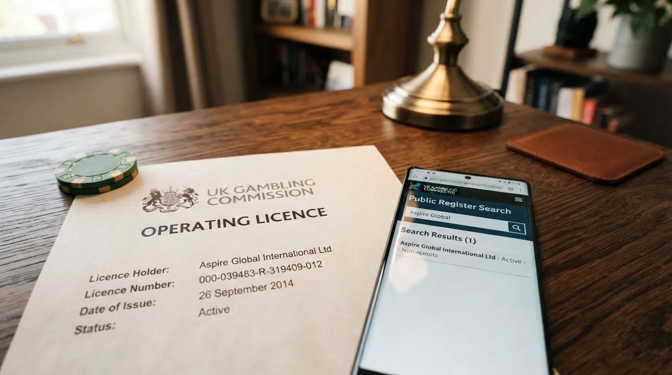 A UK Gambling Commission licence certificate beside a smartphone showing the public register search page