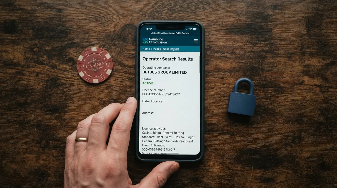 A close-up of a smartphone screen displaying the UKGC public register search page with an operator's licence details visible, alongside a padlock icon representing SSL encryption