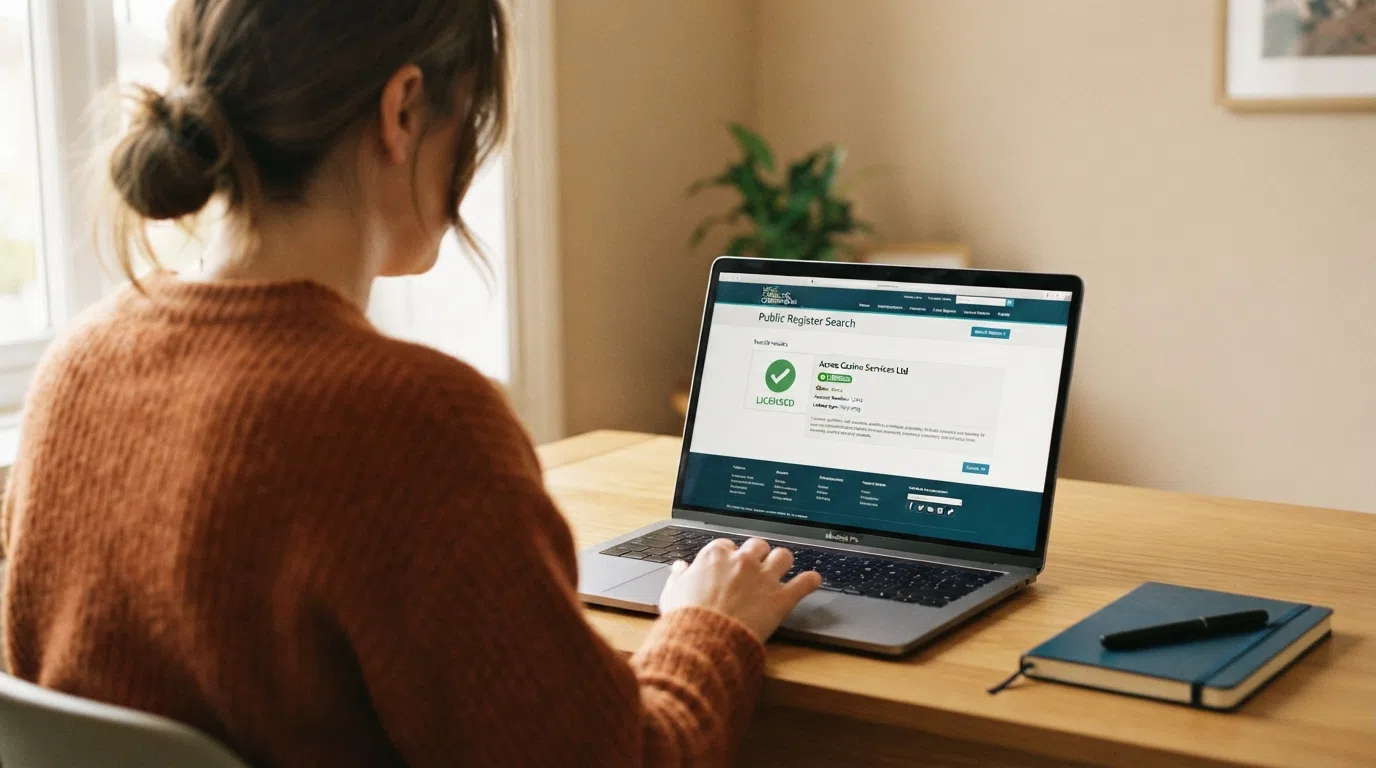 A laptop showing the UK Gambling Commission register search page with a green verified tick