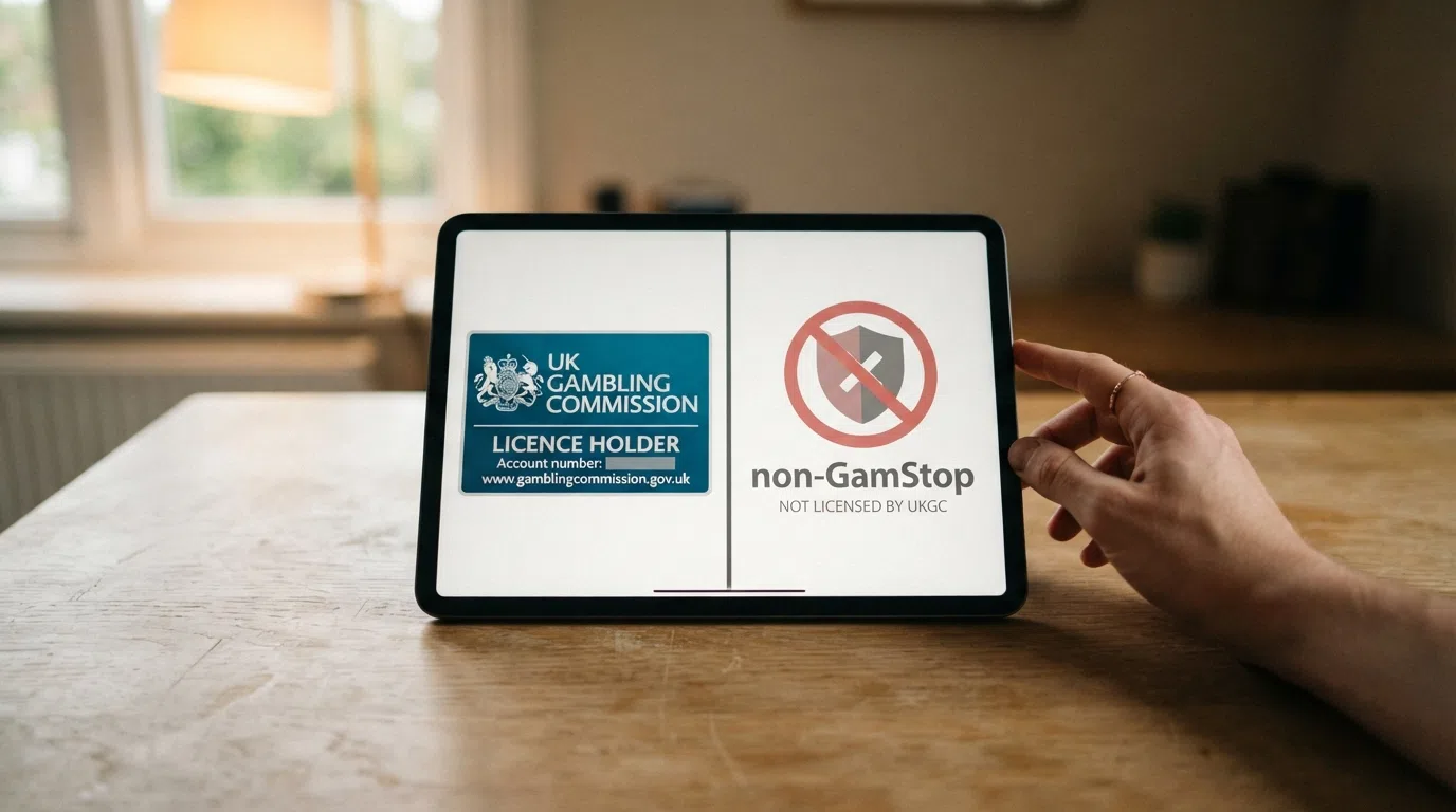 A split graphic with a UK Gambling Commission licence badge beside a crossed-out shield marked non-GamStop