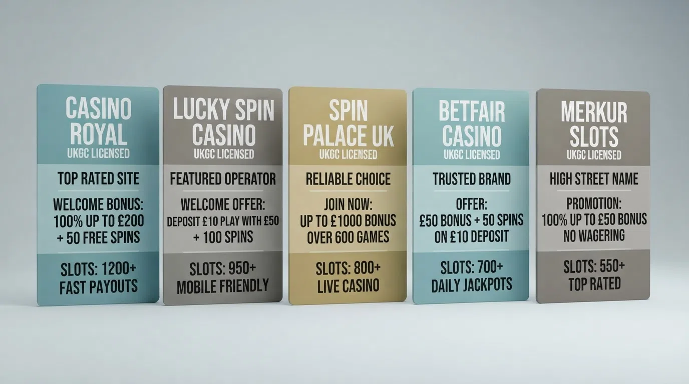 A ranked list of UK casino site cards showing welcome offers and slot counts.